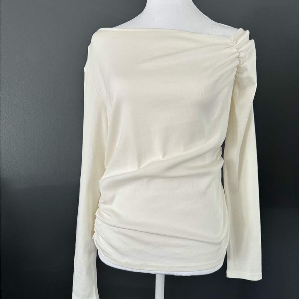 Zara Cream Asymmetric Ruched Long Sleeve Top
